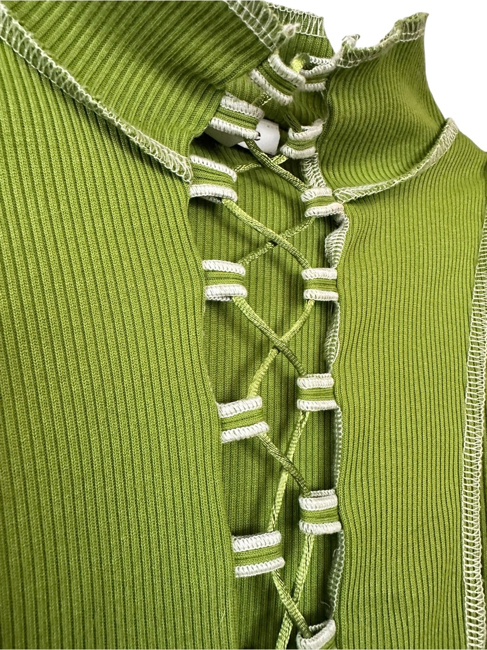 Lime Green Lace-Up Ribbed Long Sleeve Top - Picture 2 of 5